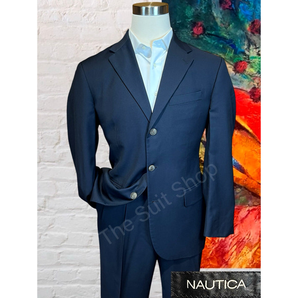 Vintage Nautica 40R 34x32 Navy Blue Suit Antique Gold Tone Crest Buttons - Picture 1 of 15